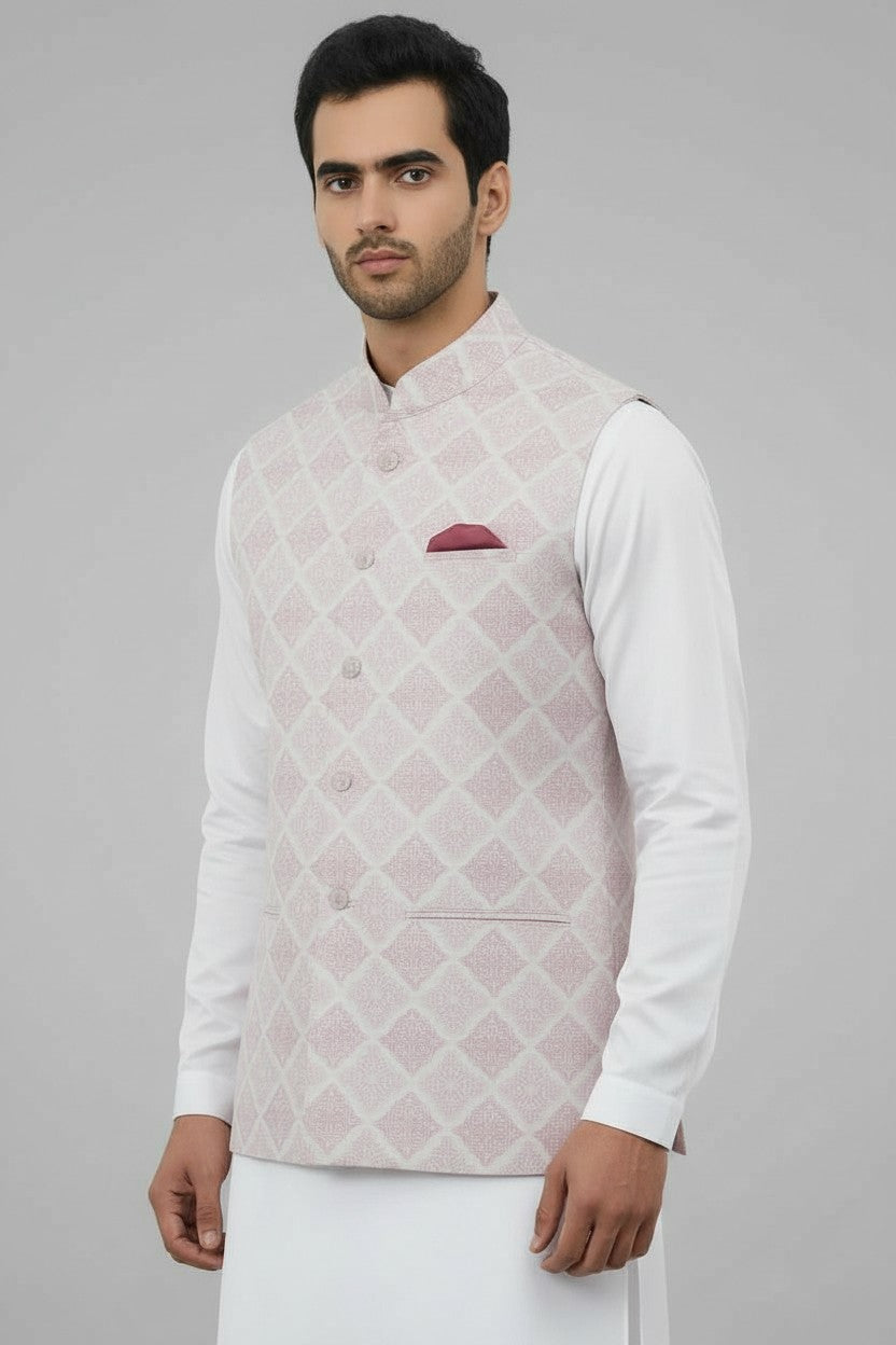 Men’s Pastel Pink Geometric Printed Nehru Jacket – Wedding & Festive Wear