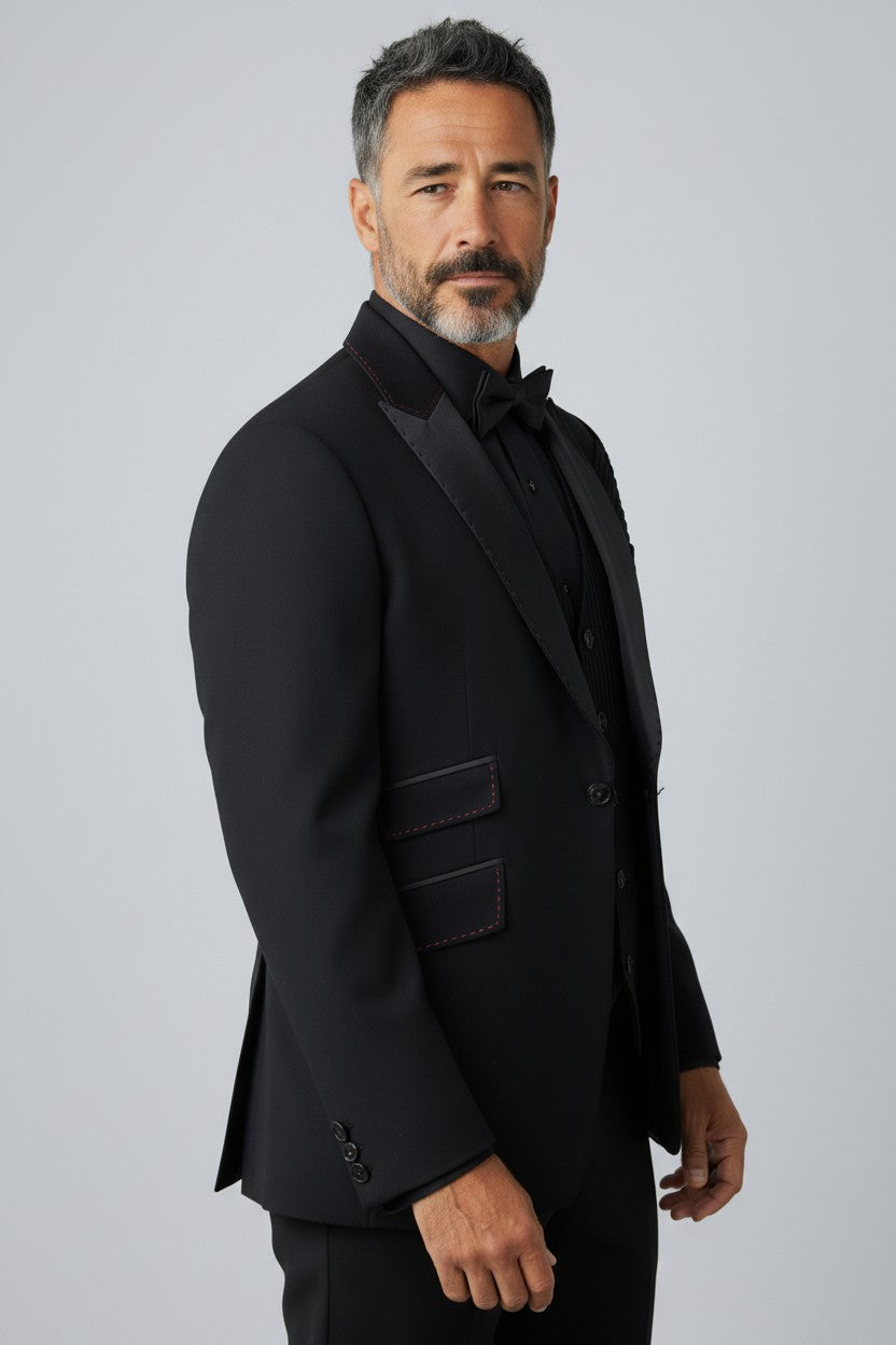 Men’s Black Pleated-Shoulder Tuxedo – Luxury 3-Piece Designer Suit