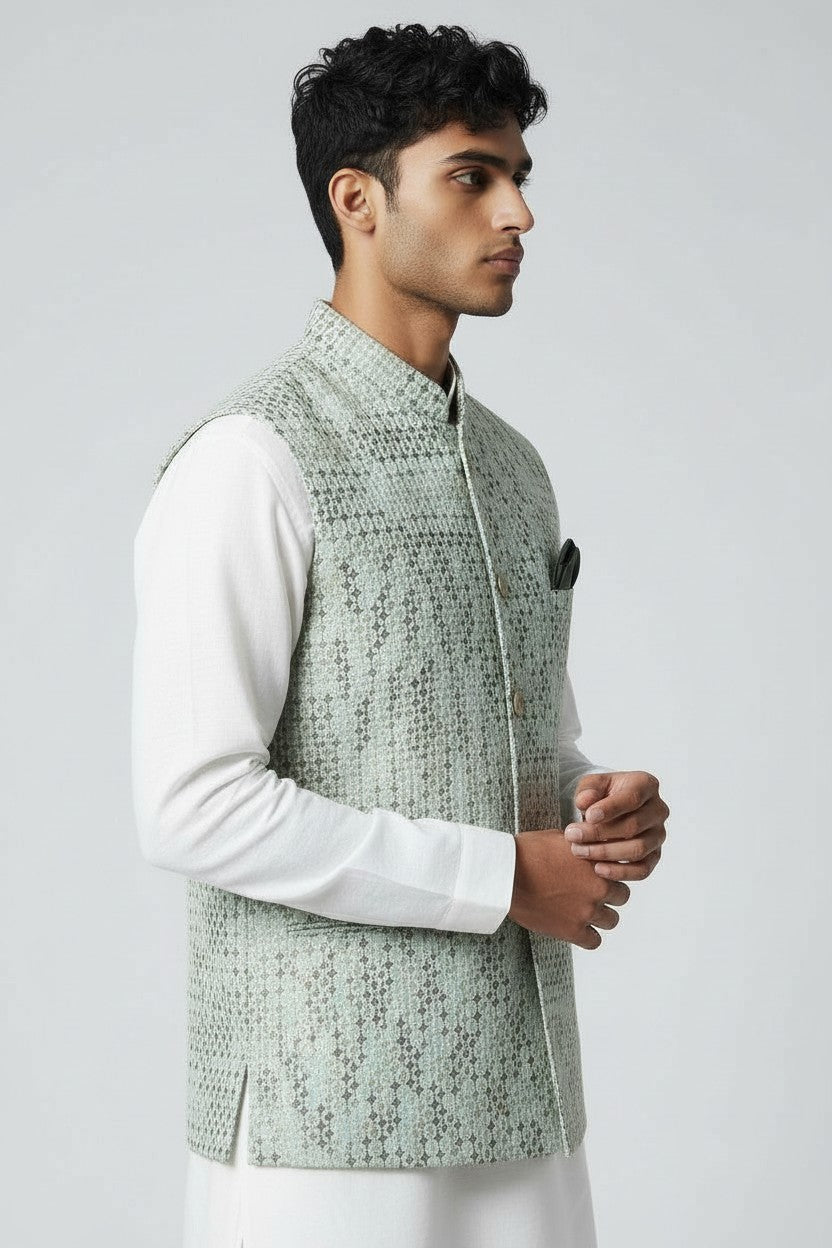 Men’s Mint Green Textured Pattern Nehru Jacket – Elegant Festive Wear
