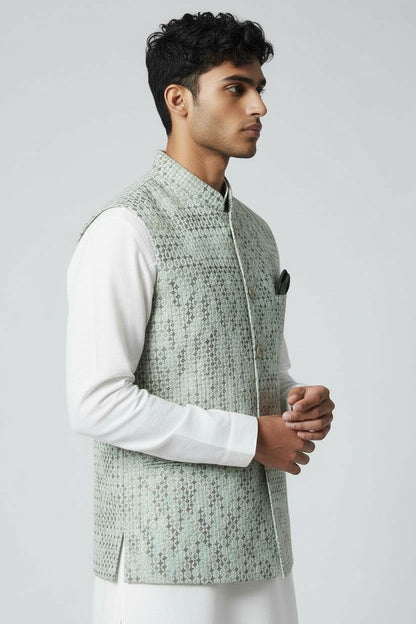 Men’s Mint Green Textured Pattern Nehru Jacket – Elegant Festive Wear