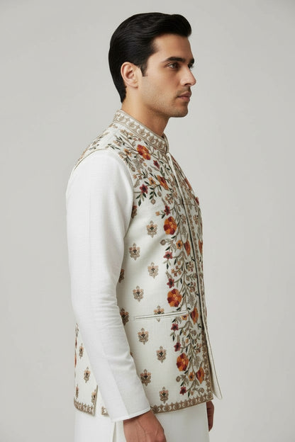Men’s Ivory Multicolor Floral Embroidered Nehru Jacket – Festive & Wedding Wear