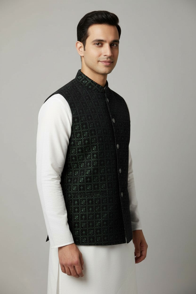 Men’s Dark Green Geometric Embroidered Nehru Jacket – Festive & Wedding Wear