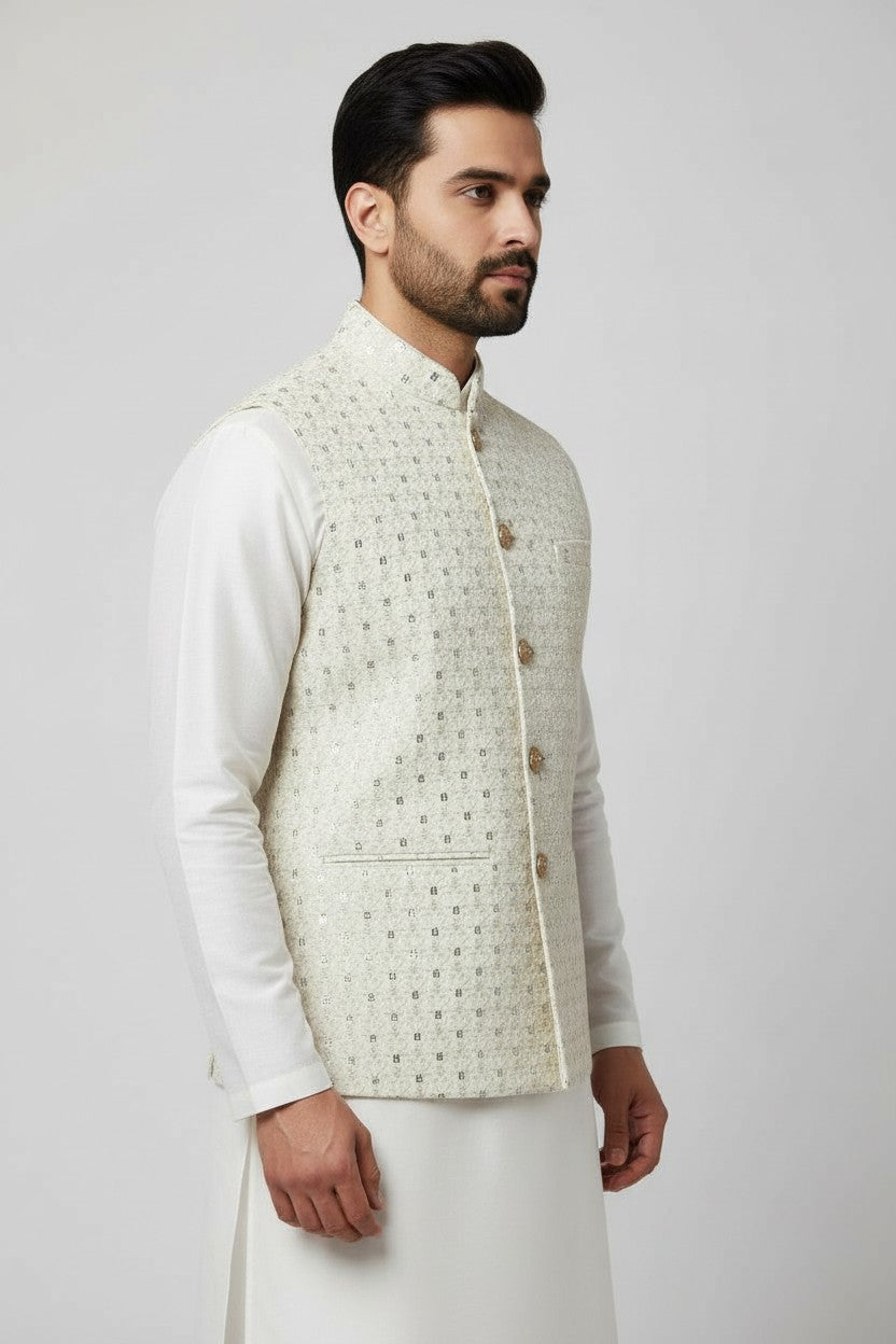 Men’s Ivory Sequin Embroidered Nehru Jacket – Luxe Wedding & Festive Wear