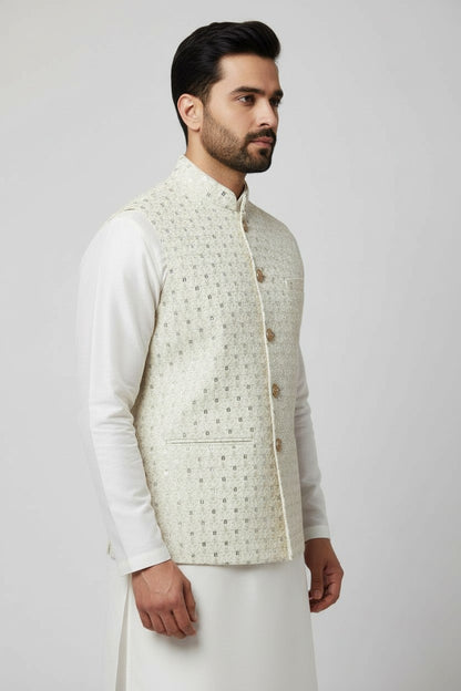 Men’s Ivory Sequin Embroidered Nehru Jacket – Luxe Wedding & Festive Wear