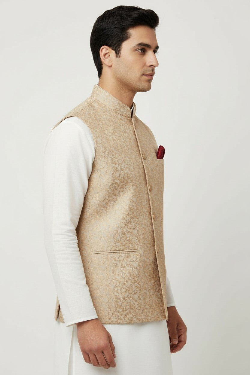 Men’s Beige Gold Jacquard Nehru Jacket – Classic Wedding & Festive Wear
