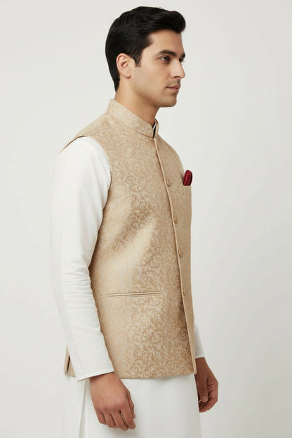 Men’s Beige Gold Jacquard Nehru Jacket – Classic Wedding & Festive Wear