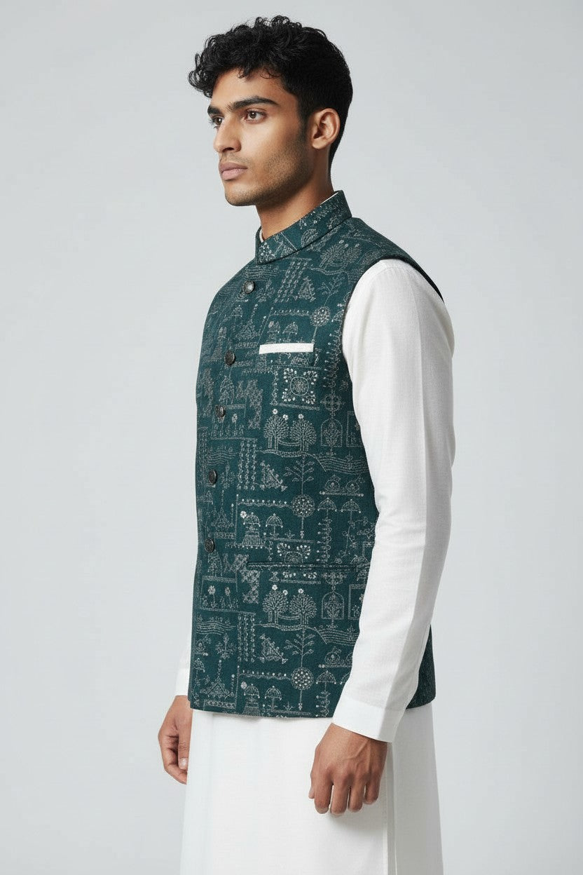 Men’s Deep Teal Heritage Print Nehru Jacket – Designer Festive & Wedding Wear
