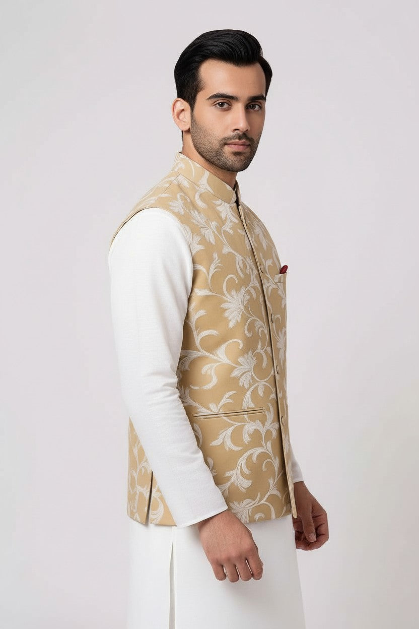 Men’s Beige Floral Embroidered Nehru Jacket – Elegant Festive & Wedding Wear
