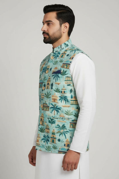 Men’s Aqua Heritage Print Nehru Jacket – Festive & Contemporary Designer Wear