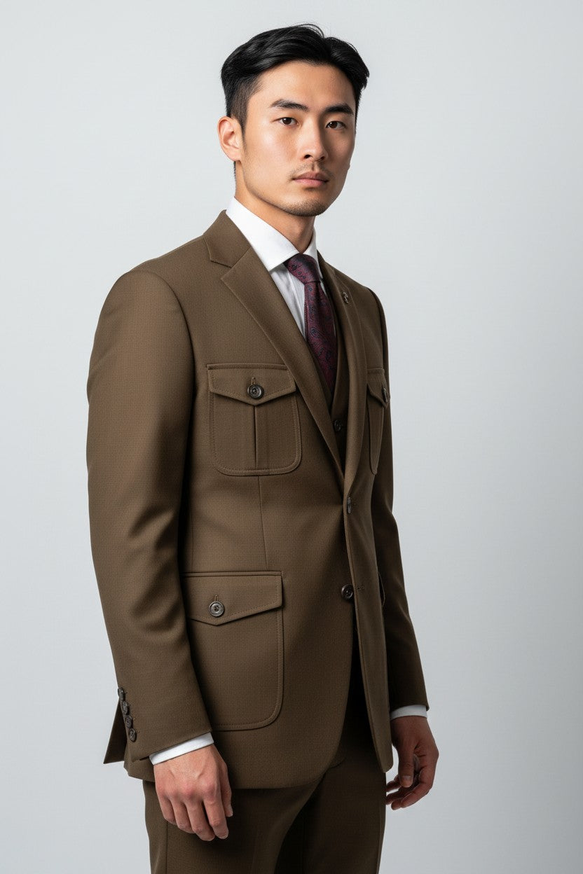 Men’s Brown Safari Utility Suit – Modern 2-Piece with Flap Pockets