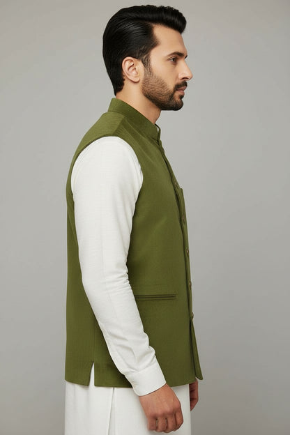 Men’s Olive Green Classic Nehru Jacket – Premium Festive & Wedding Wear