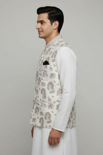 Men’s Cream Wildlife Print Nehru Jacket – Elephant & Forest Motif Waistcoat
