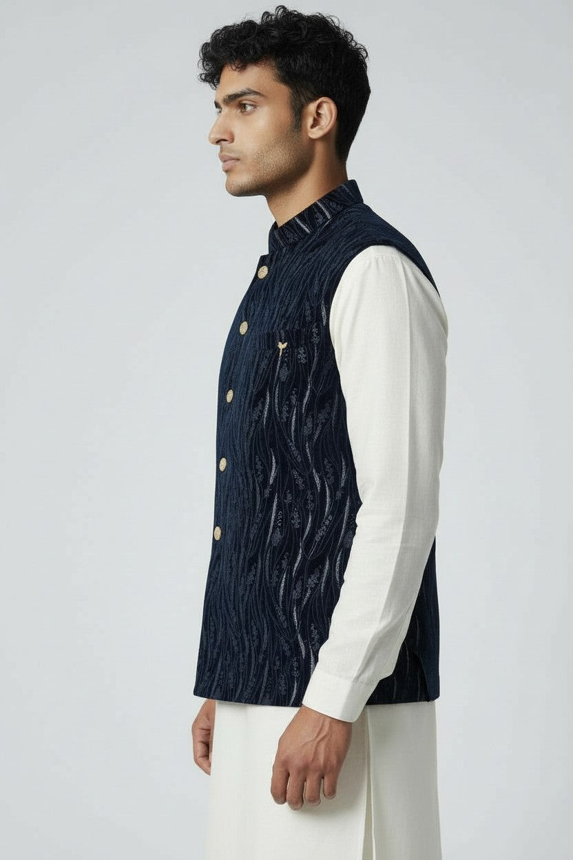 Men’s Navy Textured Embroidered Nehru Jacket – Luxe Festive & Wedding Wear