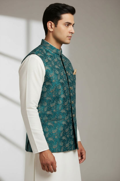 Men’s Teal Paisley Brocade Nehru Jacket – Gold Accented Festive Waistcoat