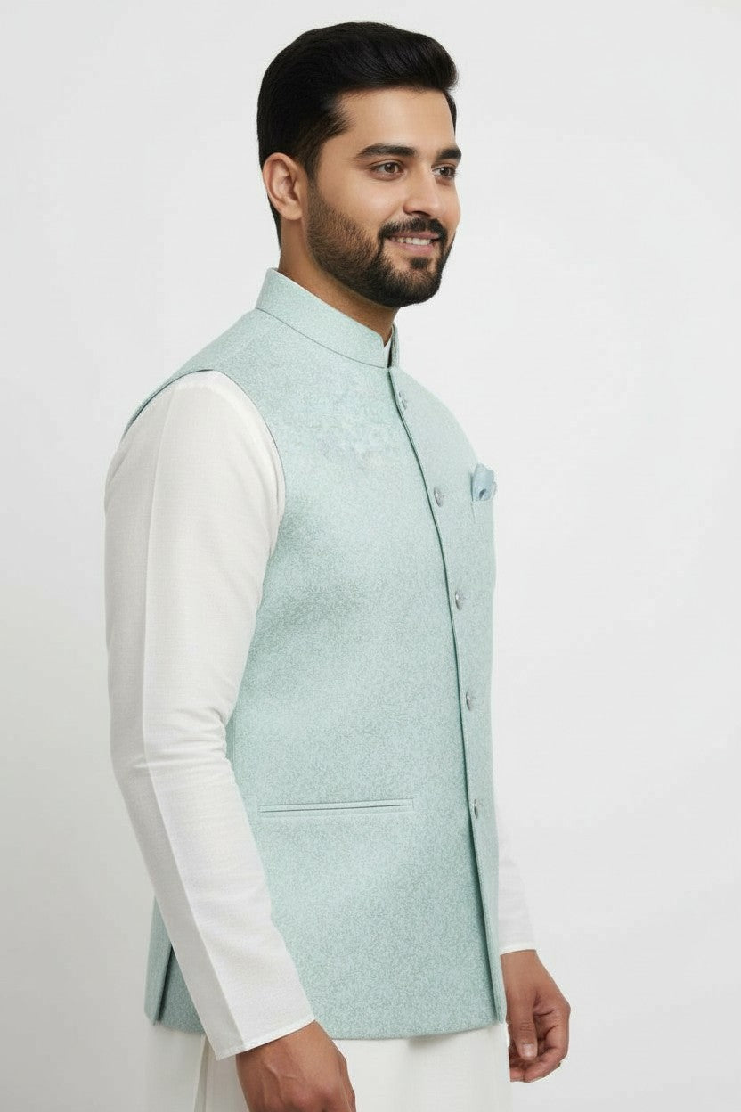Men’s Sky Blue Jacquard Nehru Jacket – Elegant Festive & Wedding Wear