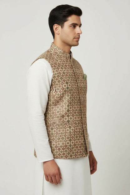 Men’s Beige & Maroon Mosaic-Pattern Nehru Jacket – Festive & Wedding Wear