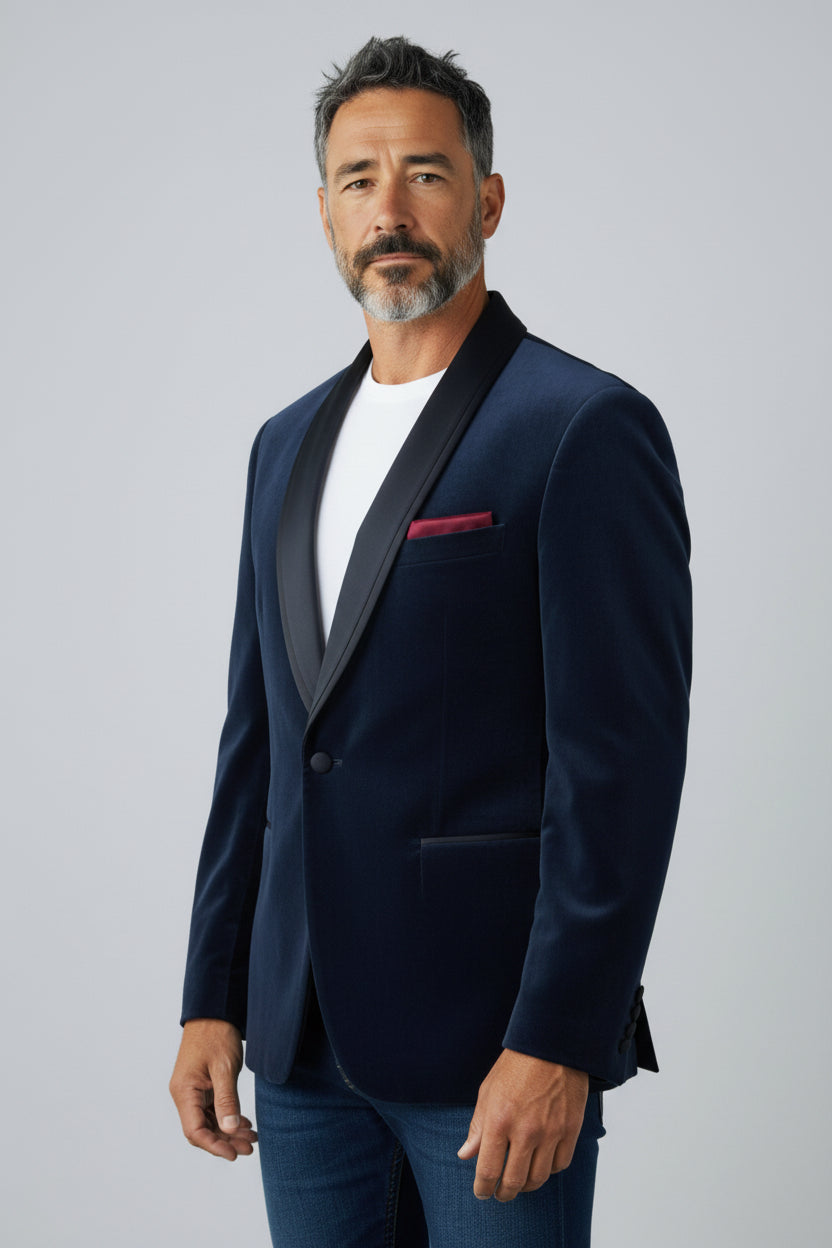 Men’s Navy Shawl Lapel Blazer – Elegant Tailored Evening Jacket
