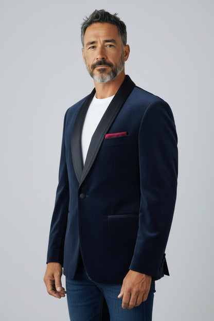 Men’s Navy Shawl Lapel Blazer – Elegant Tailored Evening Jacket