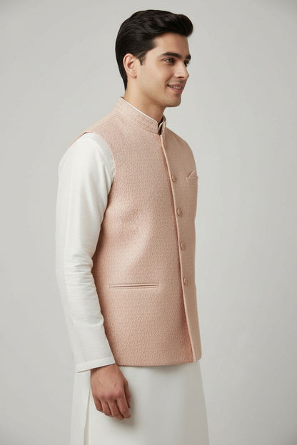 Men’s Pastel Peach Textured Nehru Jacket – Elegant Festive & Wedding Wear