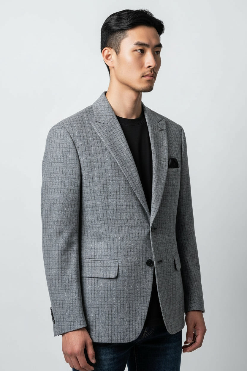 Men’s Grey Textured Check Blazer – Modern Tailored Smart Casual