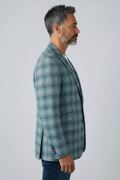 Men’s Sage Plaid Check Blazer – Modern Tailored Smart Casual