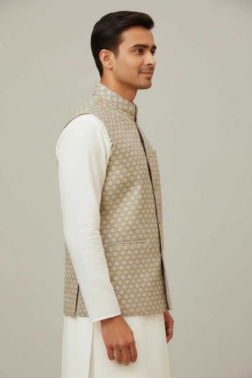 Men’s Beige Textured Jacquard Nehru Jacket – Elegant Festive & Wedding Wear