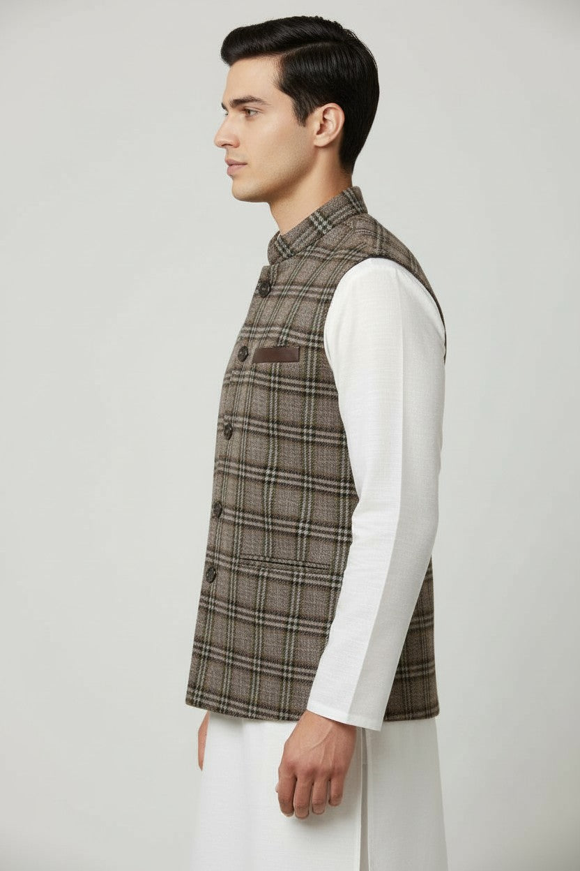 Men’s Brown Checkered Tweed Nehru Jacket – Vintage Plaid Winter Layer