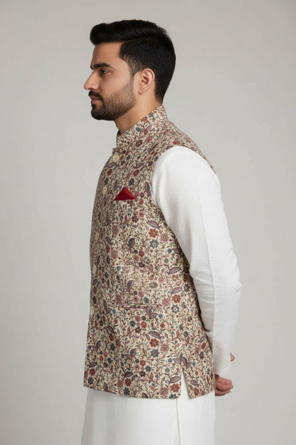 Men’s Cream Multicolour Floral Nehru Jacket – Elegant Festive Waistcoat
