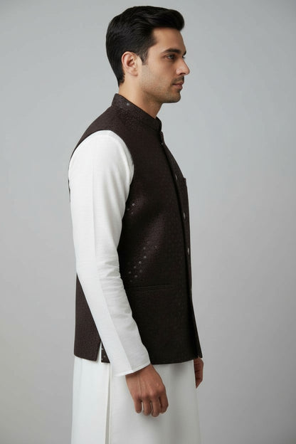 Men’s Chocolate Brown Sequin-Embellished Nehru Jacket – Elegant Festive Wear