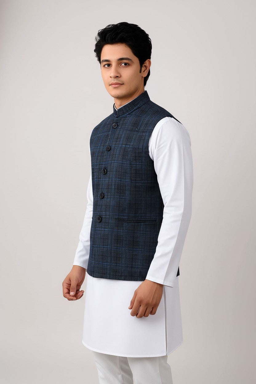 Men’s Navy Checkered Textured Nehru Jacket – Modern Festive & Casual Wear