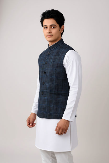Men’s Navy Checkered Textured Nehru Jacket – Modern Festive & Casual Wear