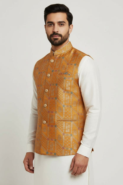 Men’s Mustard Gold Woven Nehru Jacket – Festive Ethnic Waistcoat