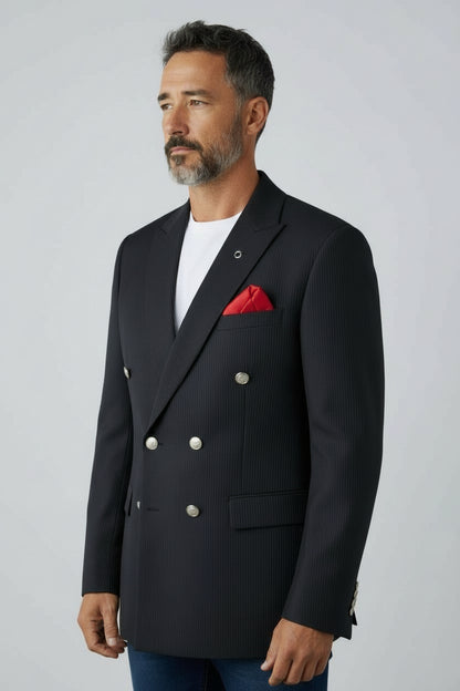 Men’s Black Double-Breasted Pinstripe Blazer – Tailored Formal Jacket