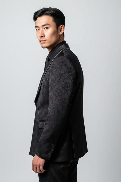 Men’s Black Jacquard Double-Breasted Tuxedo – Luxury Formalwear