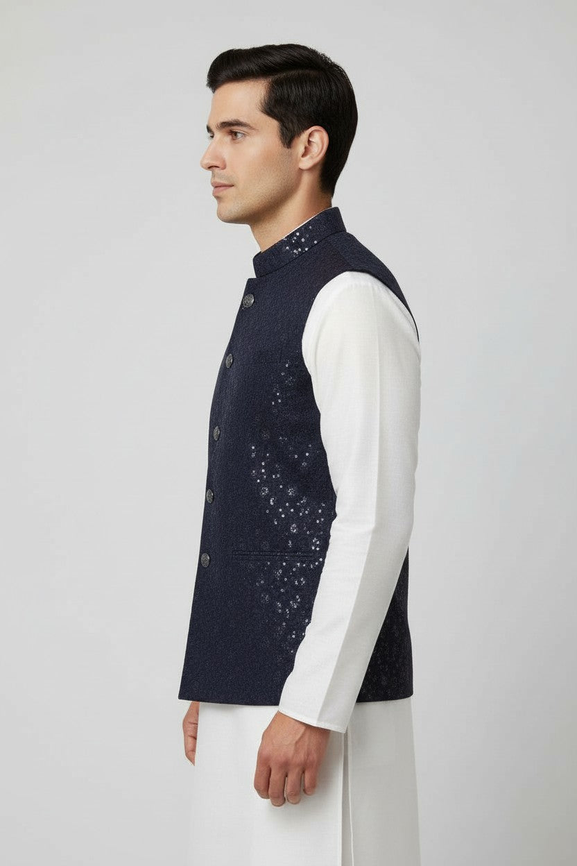 Men’s Midnight Navy Sequin-Embellished Nehru Jacket – Festive Jacquard Waistcoat