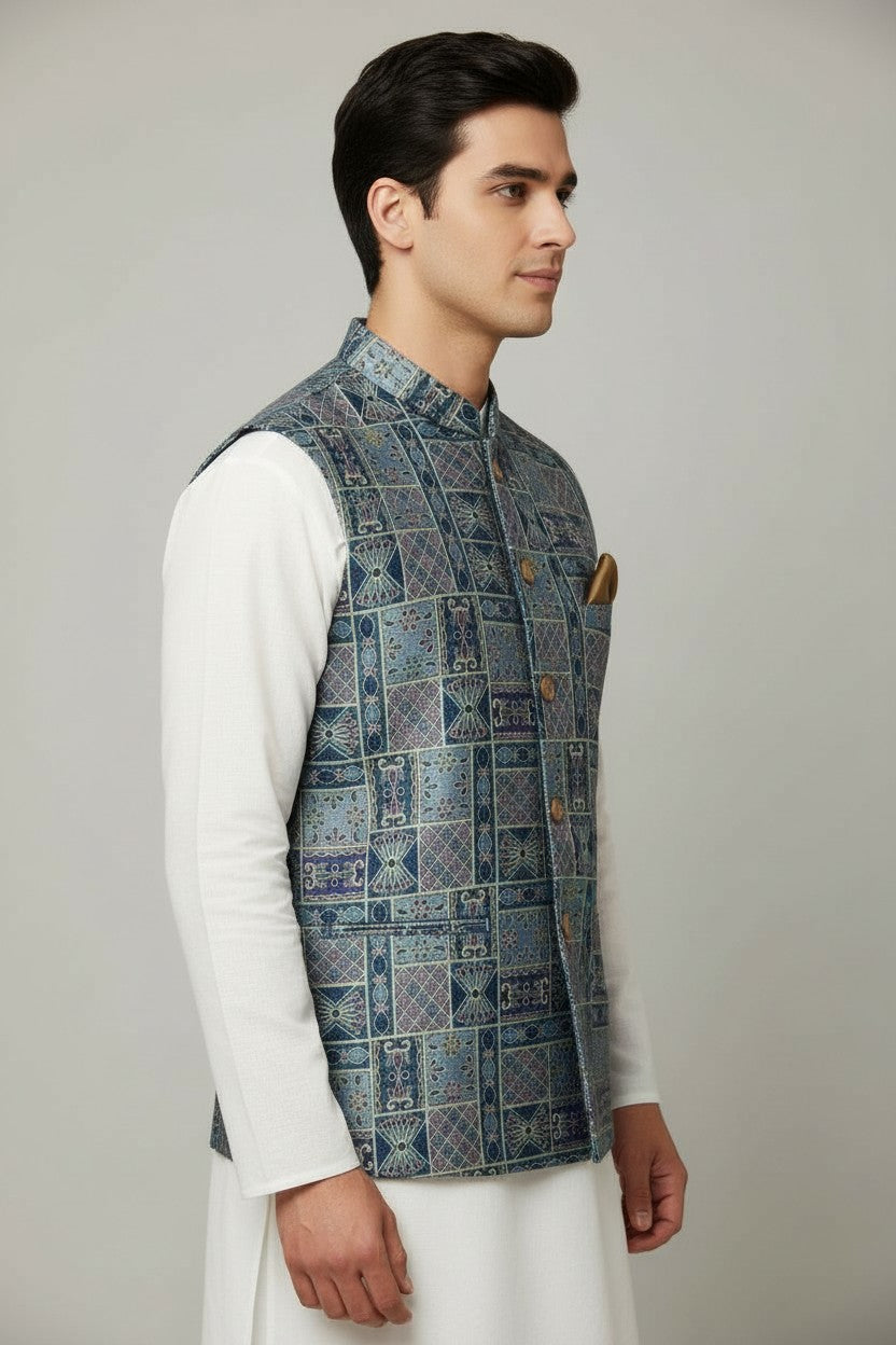 Men’s Blue & Purple Mosaic Nehru Jacket – Artisanal Festive Waistcoat