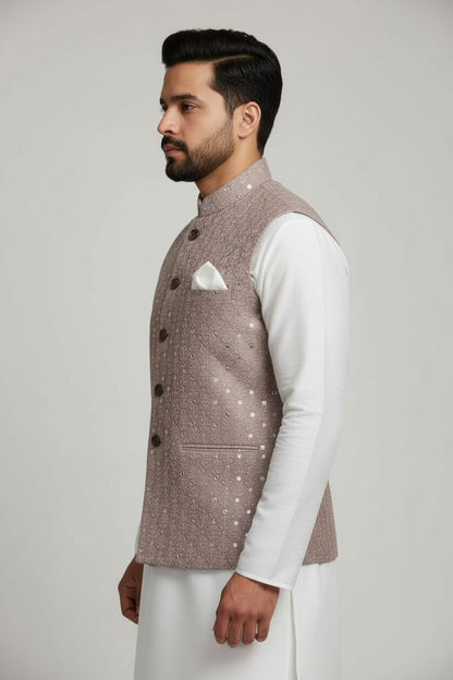 Men’s Dusty Rose Mirror-Embroidered Nehru Jacket – Luxe Wedding Wear
