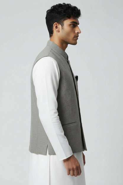 Men’s Light Grey Textured Nehru Jacket – Minimal Classic Ethnic Layer