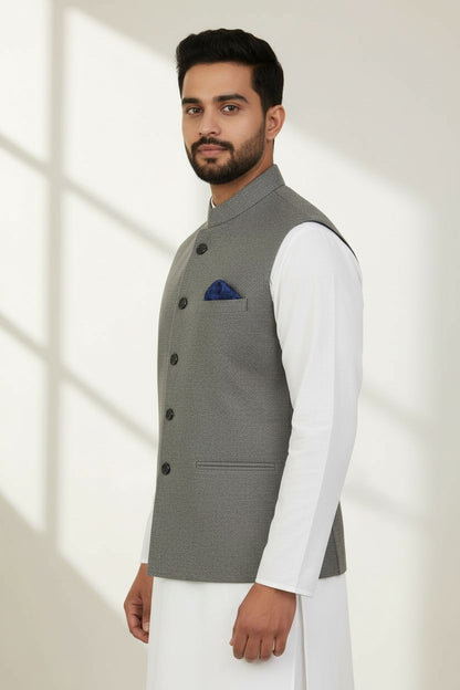 Men’s Charcoal Grey Textured Nehru Jacket – Classic Formal & Ethnic Wear