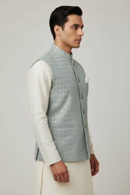 Men’s Sea Green Mirror Work Nehru Jacket – Elegant Wedding & Festive Wear