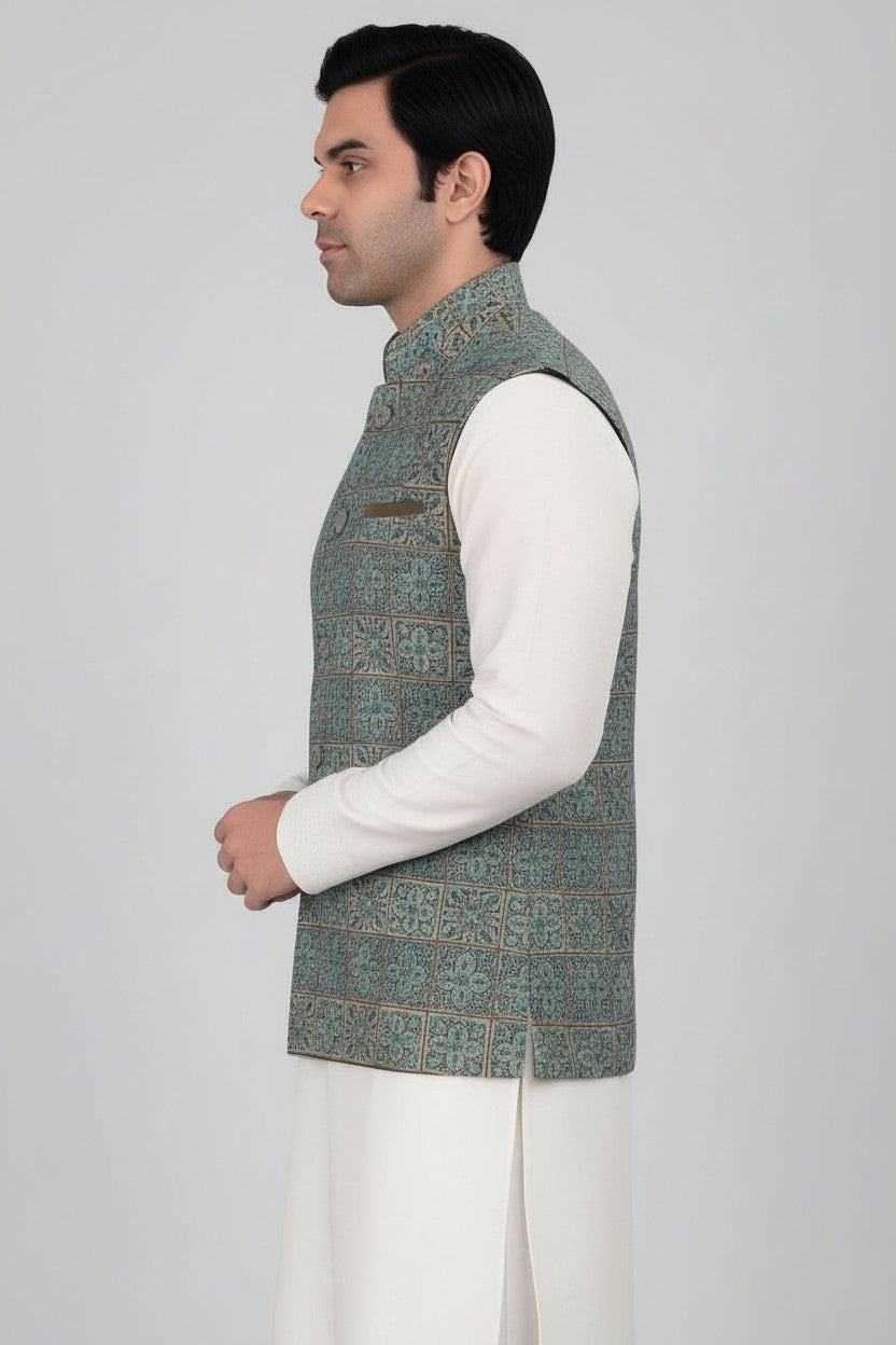 Men’s Teal Mosaic Embroidered Nehru Jacket – Designer Festive & Wedding Wear