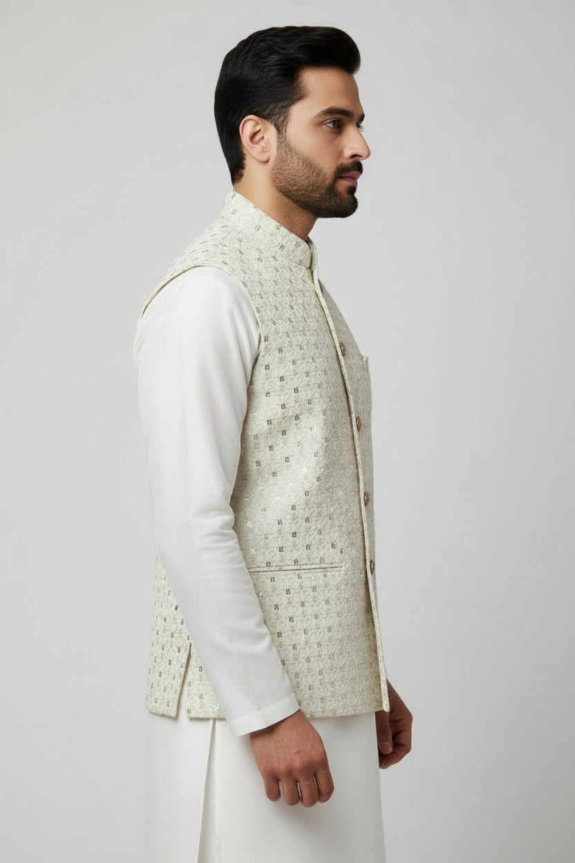 Men’s Ivory Sequin Embroidered Nehru Jacket – Luxe Wedding & Festive Wear
