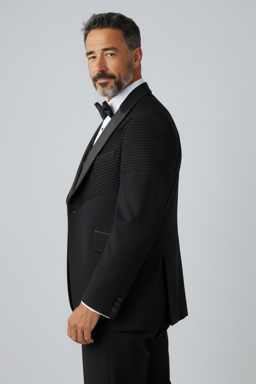 Men’s Black Pleated-Shoulder Tuxedo – Luxury 3-Piece Designer Suit