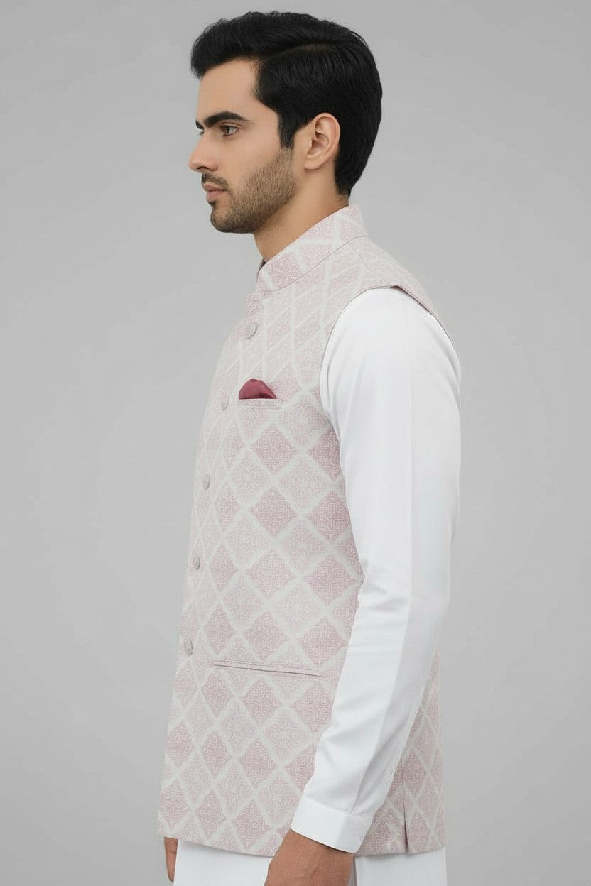 Men’s Pastel Pink Geometric Printed Nehru Jacket – Wedding & Festive Wear