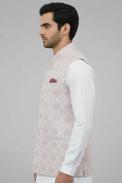 Men’s Pastel Pink Geometric Printed Nehru Jacket – Wedding & Festive Wear