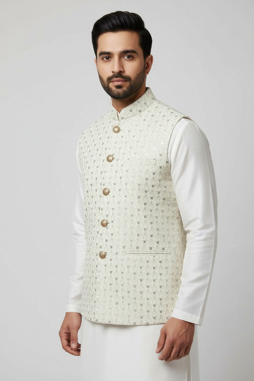Men’s Ivory Sequin Embroidered Nehru Jacket – Luxe Wedding & Festive Wear