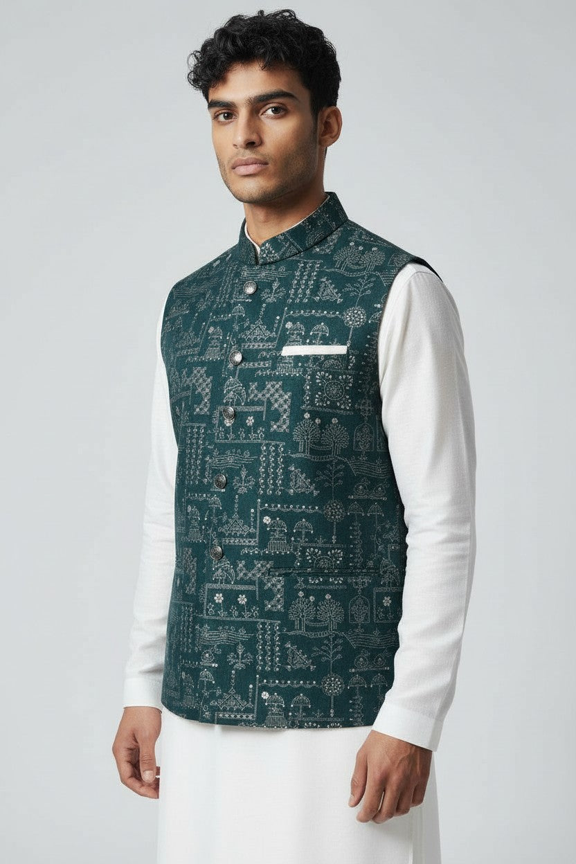 Men’s Deep Teal Heritage Print Nehru Jacket – Designer Festive & Wedding Wear