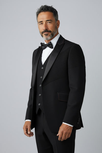 Men’s Black Pleated-Shoulder Tuxedo – Luxury 3-Piece Designer Suit