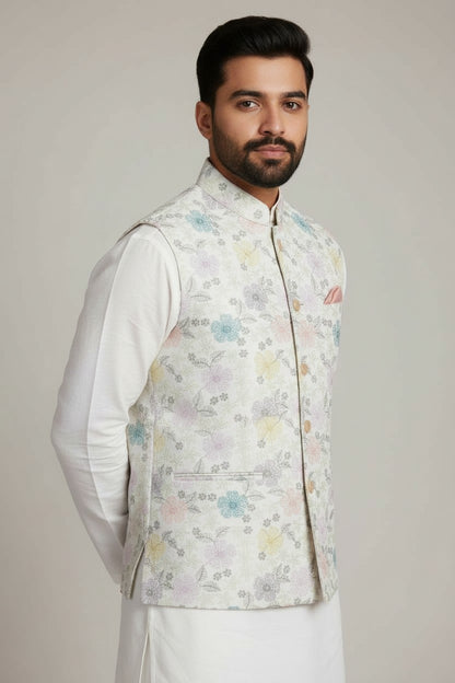 Men’s Pastel Floral Printed Nehru Jacket - Elegant Daytime Festive Wear