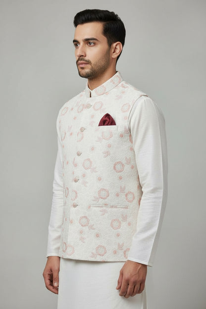 Men’s Ivory Pink Floral Embroidered Nehru Jacket – Soft Pastel Waistcoat